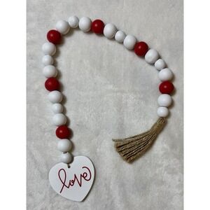 Valentine's Day Wood Bead Garland with Love Heart Tag Burlap Tassels 22.5 Inch